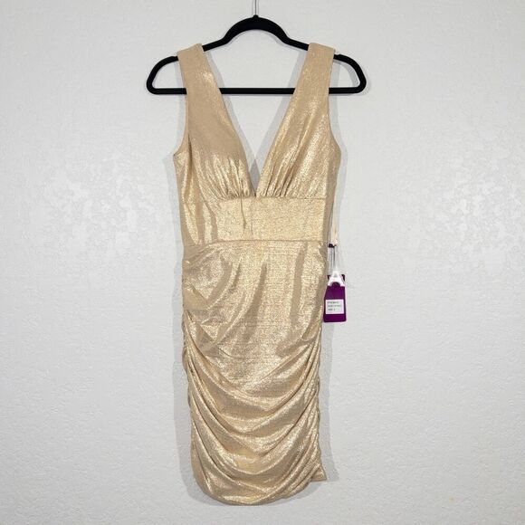 NWT Abby Paris x Lucci Lu Light Gold Bodycon‎ Gathered Dress Size 2 - Picture 1 of 11